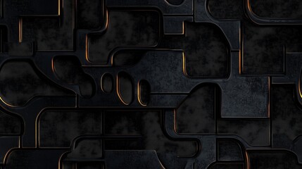 Dark Seamless Abstract Background of Futuristic Black Metal Plates and Textured Panels with Gold Light.