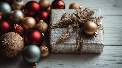 A beautifully wrapped gift glimmers with gold ribbon, surrounded by shiny ornaments in rich reds and sparkling golds
