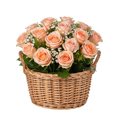 Peach Roses in Wicker Basket isolated on a transparent background