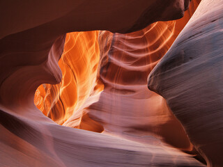 Experience the breathtaking beauty of a glowing desert canyon with smooth, sculpted sandstone walls illuminated by warm sunlight.