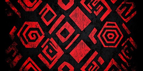 Intense Red Geometric and Abstract Tribal Pattern Over a Grungy Black Wooden or Textured Background.