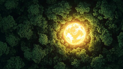 Aerial View of a Dense Green Forest Canopy Surrounding a Bright, Glowing, Yellow Sun or Energy Orb.