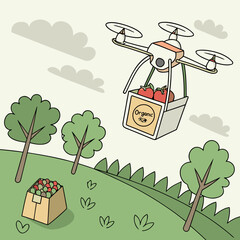 Drone carrying organic produce over a green landscape scene
