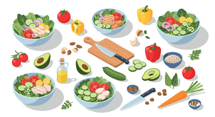 Healthy fruit and vegetable salad ingredients on cutting board