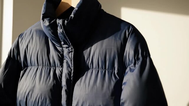 A dark blue puffer jacket hanging on a wooden hanger. Warm winter fashion and outerwear concept. Minimalist clothing detail in natural light