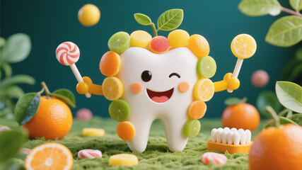 Fototapeta premium Playful composition of fruit pieces and sugar-free treats shaped like a happy tooth representing children’s dental care, oral hygiene, and natural food education.