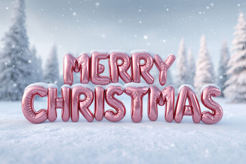 Festive "Merry Christmas" Pink Balloons in a Snowy Winter Landscape with Forest Background