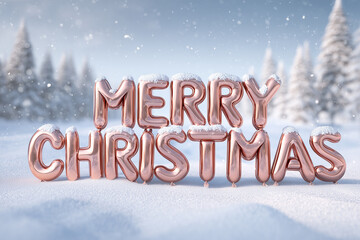 Festive "Merry Christmas" Gold Pink Balloons in a Snowy Winter Landscape with Forest Background