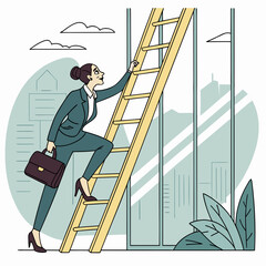 Businesswoman in suit climbing ladder with briefcase in hand
