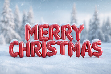 Festive "Merry Christmas" Red Balloons in a Snowy Winter Landscape with Forest Background