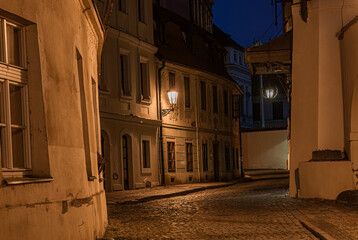 A quiet, narrow street in the old town at night. Prague,