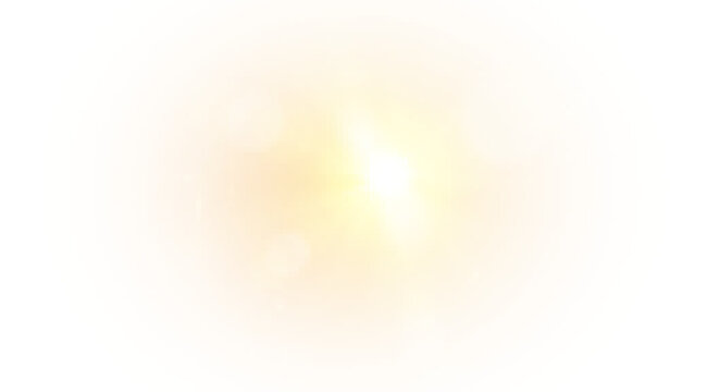 Sunlight flare with golden rays, bright glow, and sparkling reflections. Warm summer atmosphere, nature illumination, and soft daylight vector background illustration.PNG