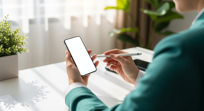 Smartphone User Interacting with a Blank White Screen Using a Stylus Pen, Working in a Bright, Modern Office Space - Powered by Adobe
