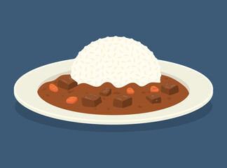 Japanese curry rice kare raisu illustration with white rice, rich brown sauce and chunks of meat and vegetables