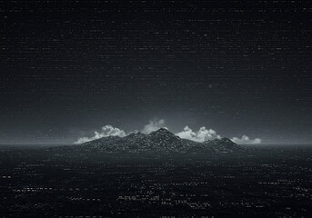 A grayscale landscape featuring a mountain range partially obscured by clouds, with a cityscape visible in the foreground under a starry sky.