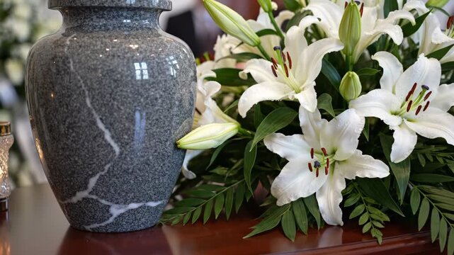 A grey granite funeral urn with white lilies at a memorial service. Close-up of a cremation container and flowers for remembrance. The concept of death, grief, and loss