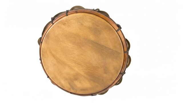 Overhead shot of a traditional percussion instrument, round wooden drum with jingles