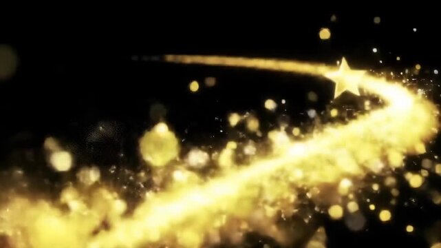 Enchanting golden light trail with sparkling dust and a radiant star, forming a magical path that symbolizes wishes, success, and festive celebration against a deep, dark backdrop