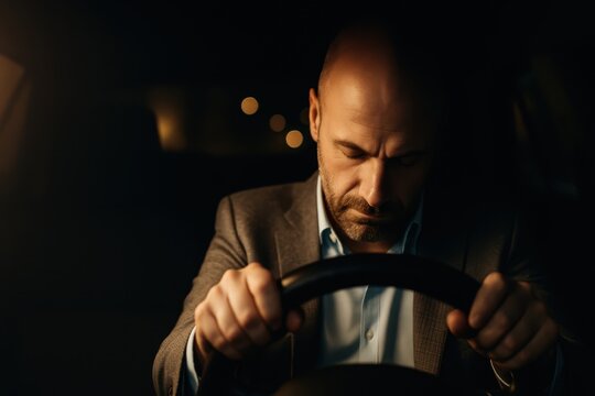 Tired man at steering wheel at night, drowsy driving concept