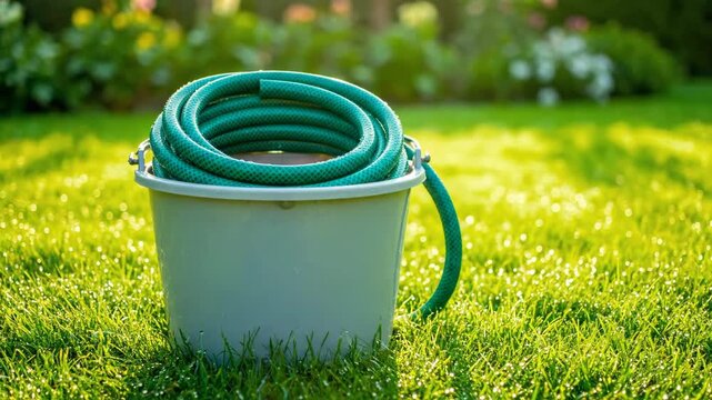 A green garden hose coiled in a bucket on a sunny lawn. Gardening equipment for watering plants in the summer. Yard work and lawn care concept