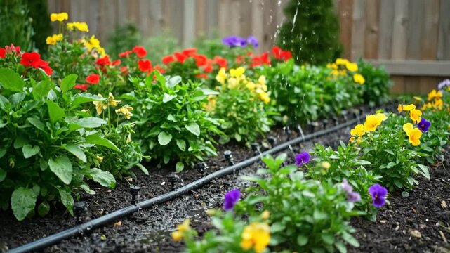 Drip irrigation system watering a colorful flower bed. Close-up of sprinklers spraying plants and soil. Efficient water conservation for horticulture