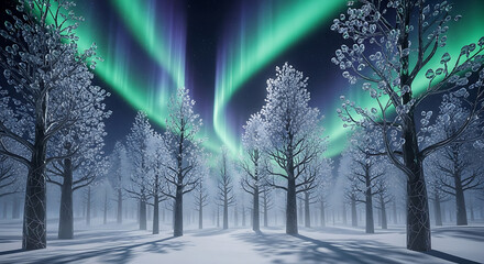 Ethereal Winter Forest with Aurora Borealis and Icy Trees, Featuring a Transparent Background