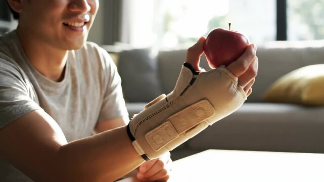 Man with a wrist brace performs rehabilitation exercises. Patient recovering from a hand injury holds an apple to regain grip strength. Physical therapy and healing concept