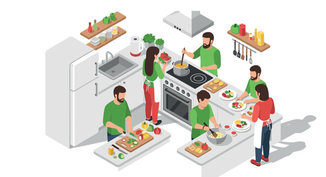 Isometric kitchen scene with chefs cooking together in modern culinary space