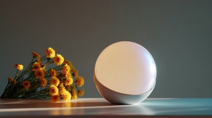 White spherical object on a wooden surface with a vase of yellow flowers on the left side. the object appears to be a lamp or a decorative item, with a round shape and a smooth surface.