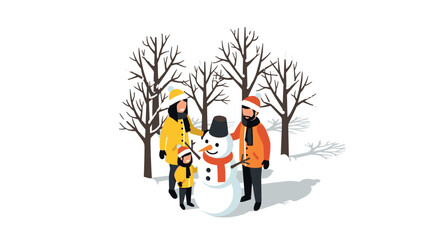 Naklejka premium Family enjoying snowy day building snowman in winter forest