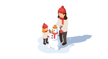 Obraz premium Mother and child building snowman isometric winter scene