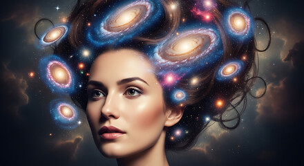 Elegant Woman with Cosmic Hair and Galaxies, Transparent Background.