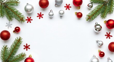 Minimalist Christmas Border: Red and Silver Baubles, Pine Branches, and Snowflakes on White Background with Copy Space