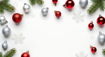 Minimalist Christmas Border: Red and Silver Baubles, Pine Branches, and Snowflakes on White Background with Copy Space