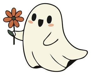 Cute halloween ghost cartoon holding flower