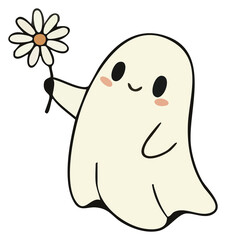 Cute halloween ghost cartoon holding flower