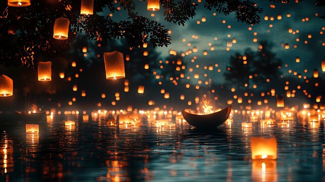 Night sky glowing with floating lanterns high resolution picture
