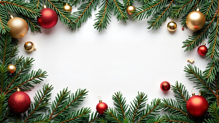 Christmas decorations. Elegant frame of Christmas tree decorations and spruce twigs. Free space for your text.
