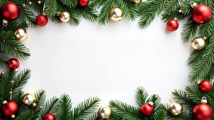 Christmas decorations. Elegant frame of Christmas tree decorations and spruce twigs. Free space for your text.
