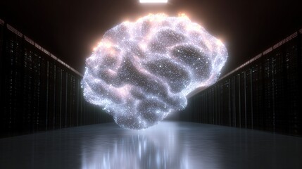 Large, spherical object in the center of a dark room with rows of servers on either side.