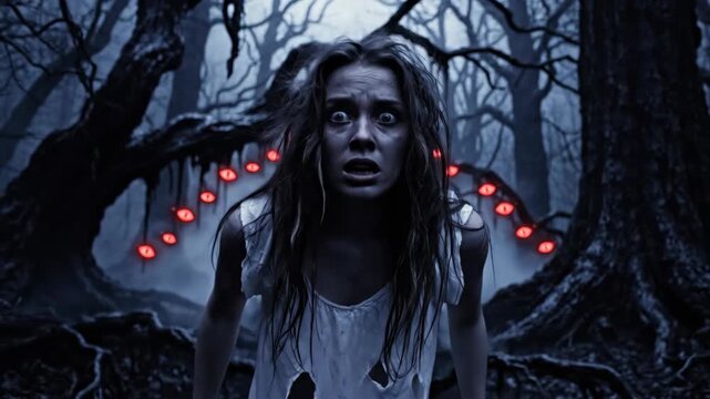 Terrified woman running in a dark haunted forest. A scary girl screaming in fear as glowing red monster eyes appear in the spooky woods. Horror nightmare animation
