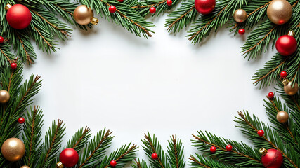 Christmas decorations. Elegant frame of Christmas tree decorations and spruce twigs. Free space for your text.
