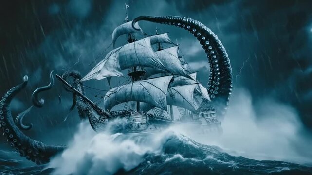 A stormy sea scene with a sailing ship entangled by colossal tentacles under lightning amid thunder