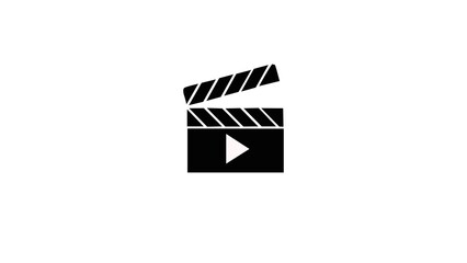 Naklejka premium Minimal black clapperboard animation with play button on Modern film production symbol representing video creation, media content, filmmaking, or movie editing concept. Perfect for intro, logo reveal
