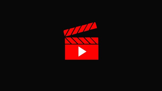 Minimal black clapperboard animation with play button on  Modern film production symbol representing video creation, media content, filmmaking, or movie editing concept. Perfect for intro, logo reveal