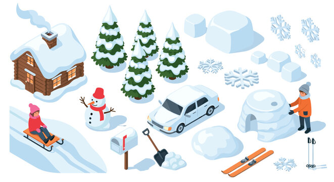 Winter wonderland activities and elements with snowy landscape in isometric style