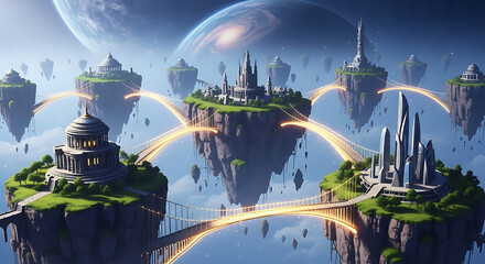 Futuristic Floating Islands with Diverse Architecture and Glowing Bridges, Sky Landscape with Planet, Transparent Background.
