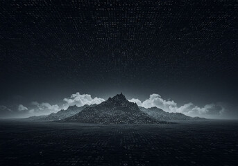 A monochromatic landscape featuring a mountainous island surrounded by water and clouds, under a textured, dark sky.