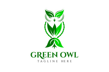 Green Leaf Owl Logo Design, elegant and wise owl logo, chiropractic owl, functional medicine with green nature leaf owl, wellness medicine doctor Vector Icon Symbol Silhouette environment Illustration