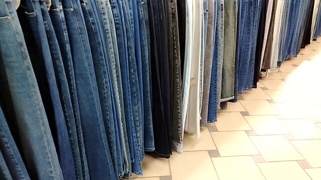 Row of jeans on hangers in store close up rack perspective camera movement shot ready for product listings online shop ads and catalog video